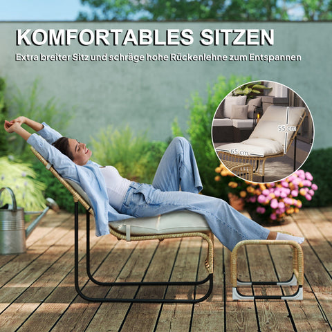 Rootz Rattan Relaxation Armchair with Foot Stool - Garden Armchair - Outdoor Lounge Chair - UV-Resistant - 65 x 93 x 80 cm