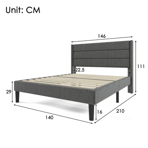 Rootz Double Bed with Padded Headboard - Fabric Cover - Upholstered Bed - Comfort - 146L x 210W x 111H cm - Dark Gray Design