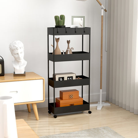 Rootz Black Kitchen Cart - Niche Car - Mobile Trolley - Space-Saving Storage - 40cm x 19cm x 90cm with Hooks & Wheels