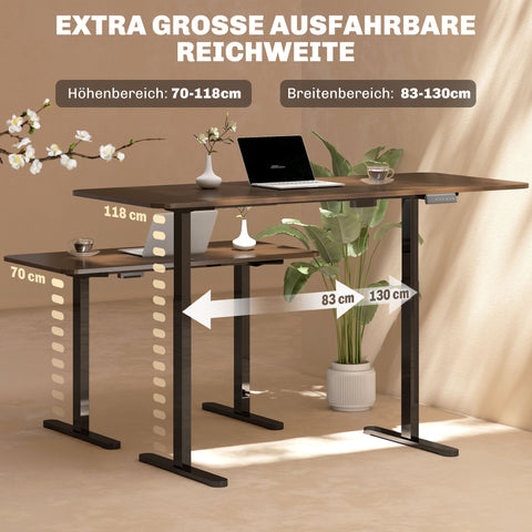 Rootz Electric Desk Frame - Height Adjustable - Motorized Standing Desk - Memory Function - Steel Frame - 83-130cm W x 45cm D x 70-118cm H