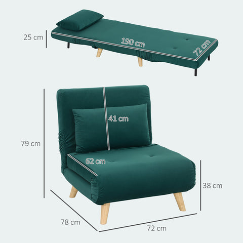 Rootz Folding Armchair with Bed Function - Recliner Chair - Green Velvet Chair - Supports 120kg - 72cm x 78cm x 79cm
