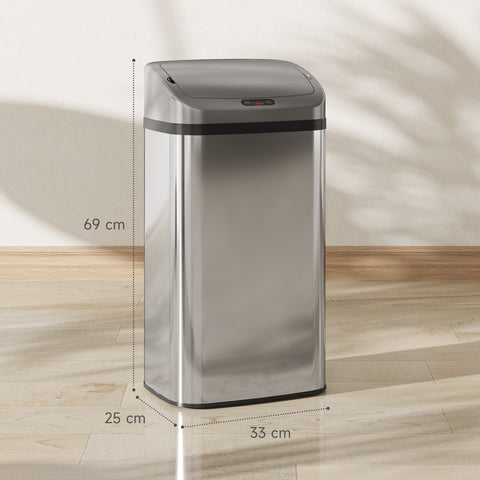Rootz Sensor Waste Bin - Automatic Trash Can - Touchless Garbage Bin - Stainless Steel - 48L Capacity - 33cm x 25cm x 69cm