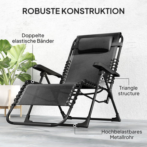 Rootz Foldable Sun Lounger - Garden Recliner - Outdoor Chaise - 5-Position Backrest - 112cm x 65cm x 90cm - Supports 120kg - With Pillow