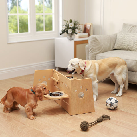 Rootz Height-Adjustable Dog Bowl - Pet Feeder - Elevated Dish - Promotes Digestion - 63cm x 58.5cm x 40cm Brown
