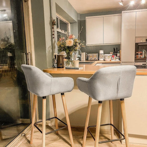 Rootz Modern Bar Stools Set of 2 - Contemporary Kitchen Chairs - Beech Wood Legs - Breathable Fabric - Beige - 55cm x 48cm x 100cm