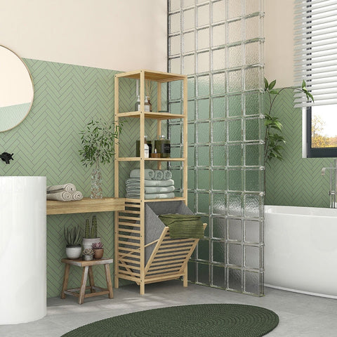 Rootz Bamboo Bathroom Cabinet - Slim Storage Unit - Tilting Laundry Hamper - Natural Finish - 44cm x 33cm x 160cm