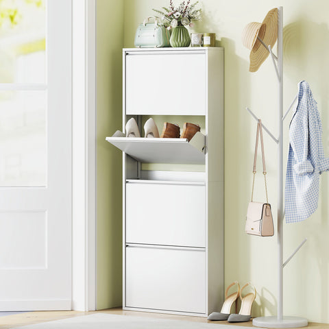 Rootz Narrow Metal Shoe Cabinet - Slim Shoe Rack - Entryway Organizer - Space-Saving, Stores 8 Pairs, White, 55x15x139.5cm