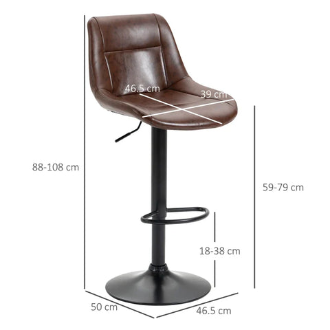 Rootz Set Of 2 Bar Stools - Height-adjustable - Including Footrest - Modern Kitchen Stools - PU Leather - Black + Brown - 46.5cm x 50cm x 108cm