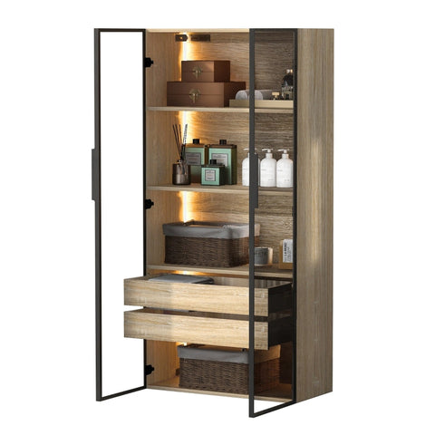 Rootz Bathroom Cabinet - Storage Unit - LED-Lit Cabinet - Modern Design - 74cm x 36cm x 155cm