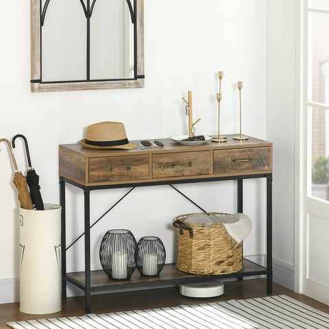 Rootz Console Table - Entrance Table - Industrial Design - 3 Drawers - Wood Look - 100 x 35 x 76.5 cm - Light Brown & Black