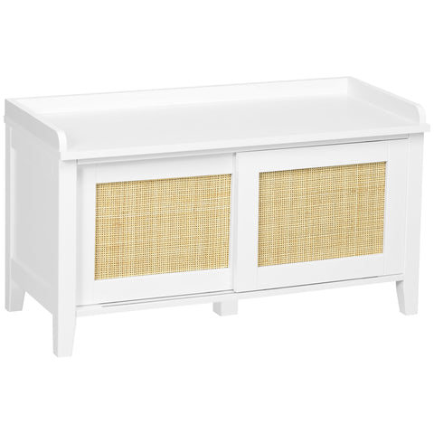 Rootz Shoe Bench Storage - Entryway Organizer - Sliding Door Bench - Rattan Design - 80cm x 35cm x 45cm - White, Brown