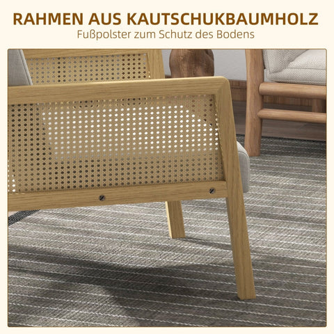 Rootz Accent Chair - Lounge Chair - Relaxing Chair - Rattan Look Armrests - Breathable Fabric - Floor Protectors - 65.5cm x 72cm x 78cm - Natural Wood Frame