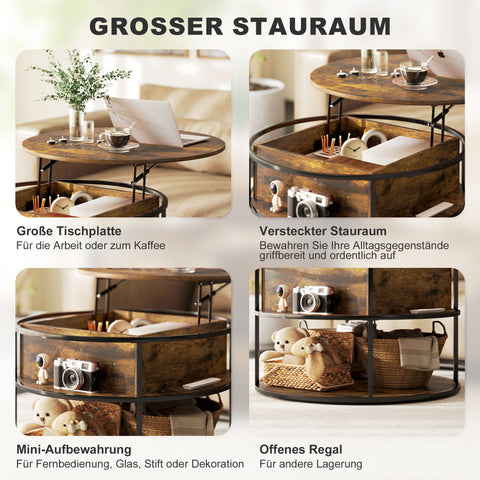 Rootz Round Coffee Table - Lifting Table Top - Storage Coffee Table - Space-Saving Design - Ø80cm x 47-61.5H cm - Brown
