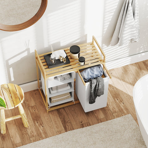 Rootz Laundry Basket with Bag - Fabric Drawer - Bamboo Organizer - Enhanced Sorting - 70x36x70 cm White and Brown