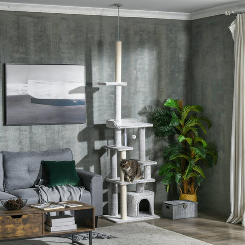 Rootz Ceiling-High Cat Scratching Post - Cat Activity Center - Cat Retreat - Height Adjustable - Multiple Platforms - Sturdy Construction - 60W x 40D x 225-255H cm