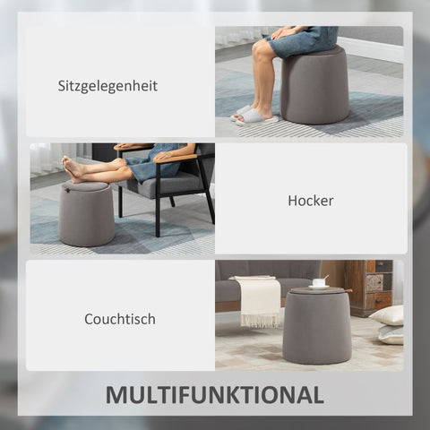 Rootz 2-in-1 Velvet Look Storage Stool - Ottoman - Footrest - Hidden Storage - Removable Tray Lid - 44cm x 47.5cm - Dark Gray