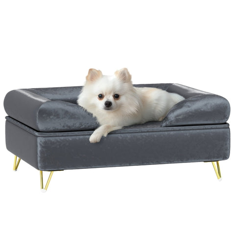 Rootz Pet Sofa Lounger - Dog Bed - Padded Cushion - Velvet Cover - Removable Washable - Wooden Frame - 76cm x 53.5cm x 34cm