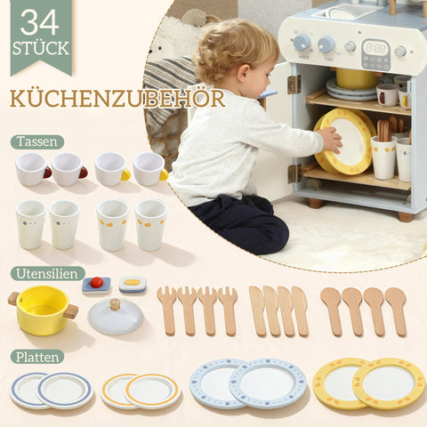 Rootz Scullery Set Wooden Dishwasher for Children – Kids Play Kitchen – Pretend Play – 32 Accessories – Promotes Creativity – 36x26x52cm – Blue