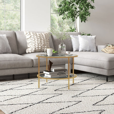 Rootz Side Table - Modern Bedside Table - Nightstand - Tempered Glass - Powder-Coated Steel - 60cm x 43cm - 2-Tier Shelf - Gold