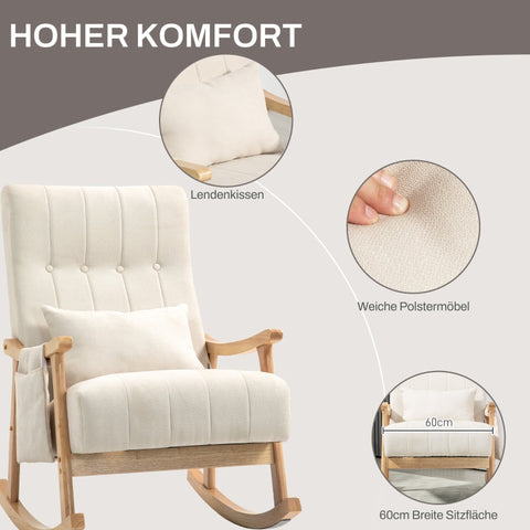 Rootz Rocking Chair - Nursing Chair - Relaxation Chair - Beige Linen Look - Wide Seat - Soft Padding - Beech Frame - 65cm x 90cm x 98cm