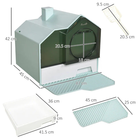 Rootz Cat Litter Box - Hut Design - 1 Strainer - 1 Litter Scoop - Removable Base Tray - Plastic - ABS - Green - White - 47L x 45W x 42H cm
