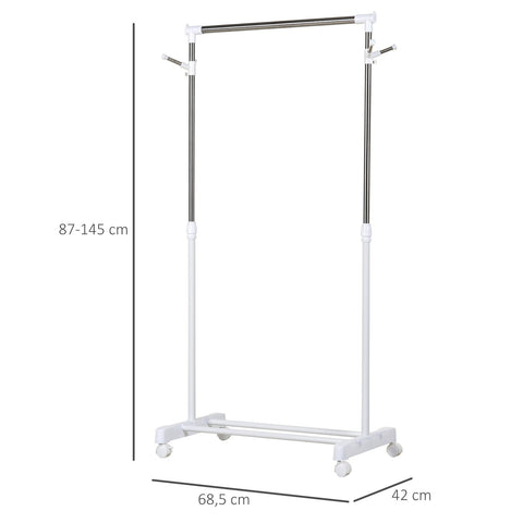 Rootz Rollable Cloakroom Stand - Adjustable Wardrobe Stand - Mobile Clothing Rack - Maximizes Storage with Shelf - 68.5cm x 87-145cm x 62cm