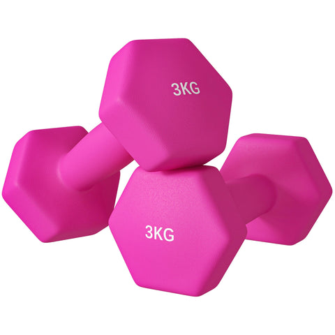 Rootz 2 x 3kg Dumbbell Set - Hand Weights - Exercise Weights - Floor-Friendly - 18x8x8cm - Hexagonal Design - Non-Slip Handles - Pink