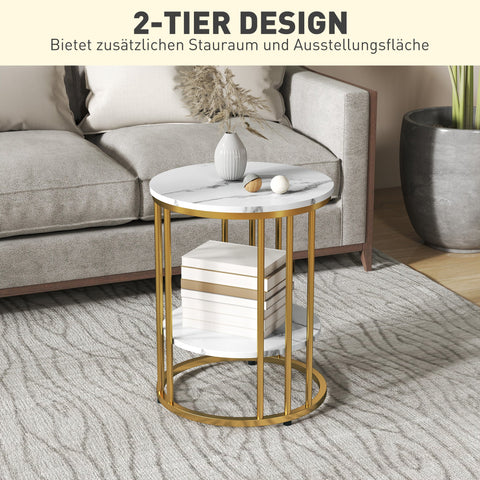 Rootz 2 Piece Set Round Side Table - Coffee Tables - Marble Look - Double Storage Space - Ø45 x 55H cm & Ø40 x 50.5H cm
