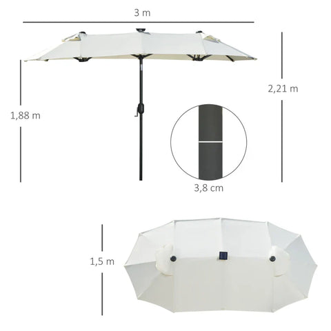 Rootz Double Umbrella - Patio Umbrella - Tilting with Solar Panel - 35 LEDs - Steel Frame - Beige - 2.95 x 1.50 x 2.19 m