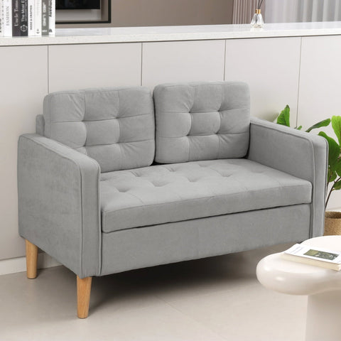 Rootz Two-Seater Sofa - Velvet Loveseat - Button Tufted Backrest - Storage Space - Light Gray - 117cm x 62cm x 78cm
