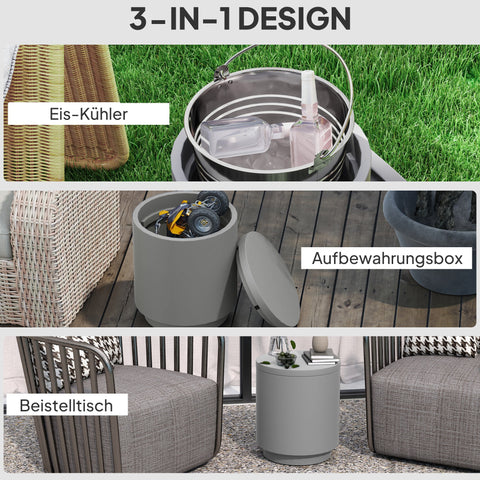 Rootz Outdoor Side Table - Cooler Ice Bucket - Grey Concrete - Keeps Drinks Chilled - Ø37.5 x 43.5H cm