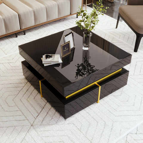 Rootz High Gloss Coffee Table - Living Room Table - Gold-Plated Accents - Ample Storage - 70cm x 70cm x 35.5cm