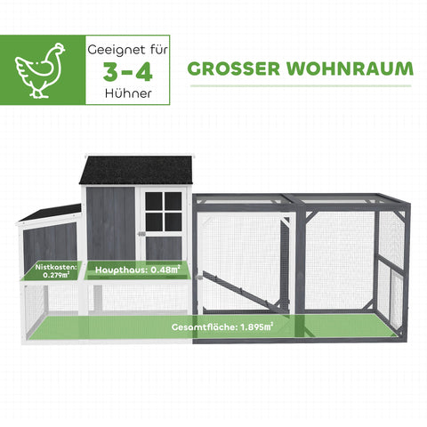 Rootz Chicken Coop with Run - Poultry House - Fir Wood - Secure Nesting Box - 236.5cm x 91cm x 114cm - Ideal for 3-4 Chickens - Grey