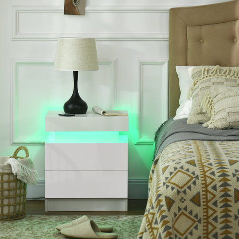 Rootz Bedside Table Nightstand - Modern Side Table - Glossy Bedside Unit - RGB LED Light - Two Drawers - 45W x 35D x 52H cm