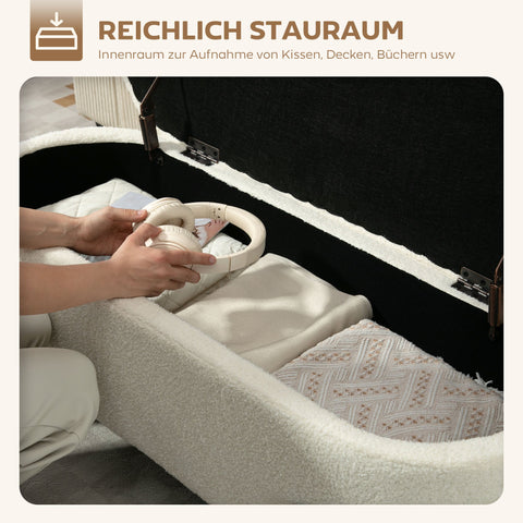 Rootz Storage Stool - Ottoman Bench - Footrest Seat - Hidden Storage - White - Fleece Cover - Steel Legs - 114.5 x 40 x 48 cm