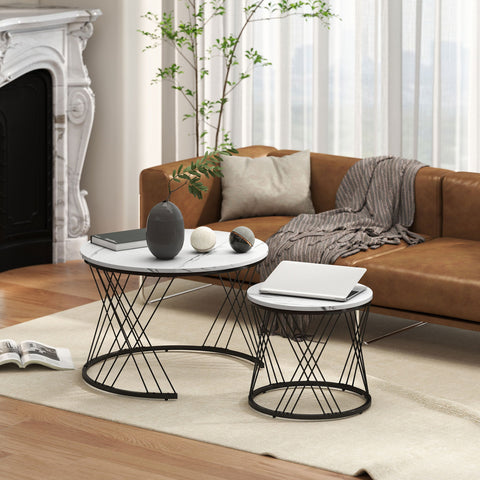 Rootz 2 Piece Set Couch Tables - Round Coffee Table - Marble Look Living Room Tables - Space Saving - Ø70 x 46.5cm & Ø44 x 39cm