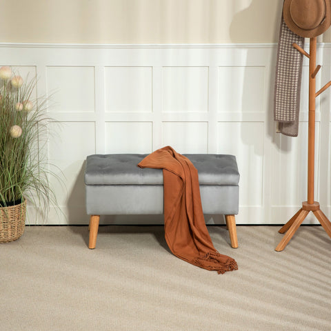 Rootz Upholstered Storage Bench - Velvet Stool - Padded Chest - Comfort Seating - 80cm x 35cm x 40cm - Grey