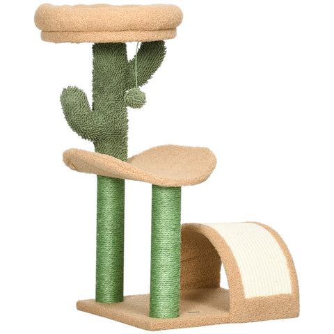 Rootz Cactus Design Cat Tree - Scratching Post - Climbing Cat Tree - Sisal Wrapped Posts - Chipboard Base - Teddy Velor - 40cm x 35cm x 72cm