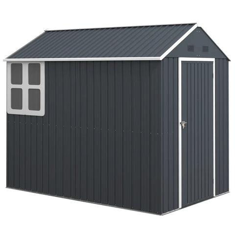 Rootz Garden Shed - Metal Tool Shed - Double Door - Window - Equipment Cabinet - Bicycle Garage - Galvanized Steel - Polypropylene - Gray - 259L x 172W x 222H cm
