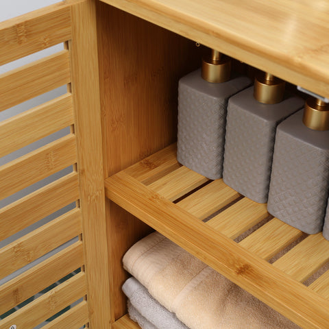 Rootz Bathroom Cabinet - Bamboo Storage - Lamella Design - Compact with Ample Storage - 68b x 32t x 86h cm