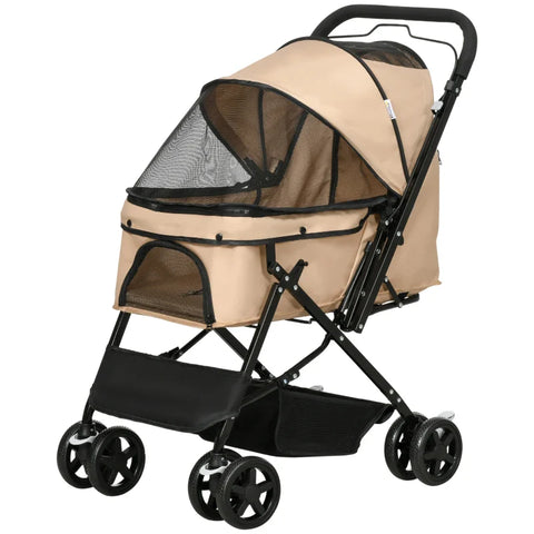 Rootz Folding Dog Buggy - Pet Stroller - 1 Basket - 2 Brakes - Including Safety Leash - Light Brown - 76.5cm x 52cm x 95cm