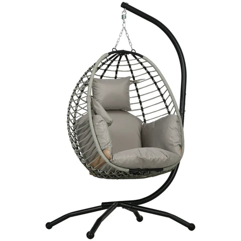 Rootz Outdoor Hanging Chair - Seat and Back Cushion - Foldable Seat Basket - Cup Holder - Metal Frame - Grey - 110L x 100W x 188H cm
