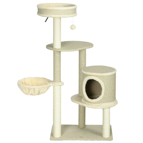 Rootz Scratching Post - Cat Tree - 1 Cat Bed - 1 Cat Cave - 2 Lying Areas - Chipboard - Imitation Linen - Brown + Beige + White - 124 cm x 59 cm x 40cm