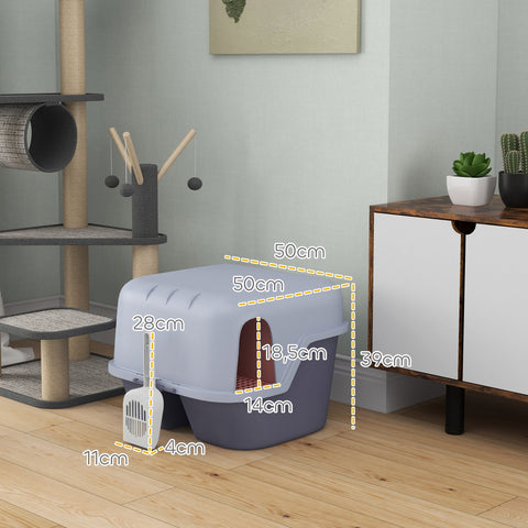 Rootz Cat Litter Box with Lid and Scoop - Pet Litter Pan - Easy Clean Kitty Toilet - 50cm x 50cm x 39cm - Lockable and Stylish Grey