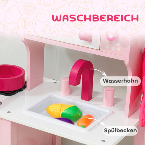 Rootz Children's Play Kitchen - Wooden Toy Kitchen - Pretend Cooking Set - Compact, Safe, Educational - 55x24x86cm - Pink