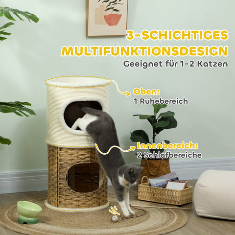 Rootz Three-Story Cat Tree - Cat Tower - Cat Climber - Enhances Home Décor - 80cm High x Ø40cm - White & Brown