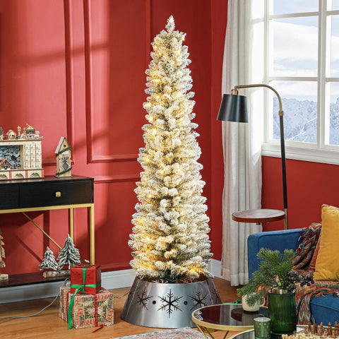 Rootz Snow-Covered Artificial Christmas Tree - Greenery Tree - LED Fairy Lights - Slim Shape - Lush Appearance - 52cm x 180cm