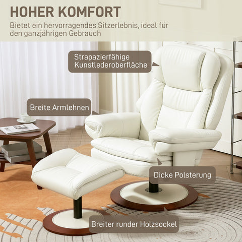 Rootz Reclining Chair with Stool - Lounge Chair - TV Chair - Ergonomic Luxury - 94cm x 98cm x 104cm - White - Faux Leather