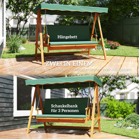 Rootz Hollywood Swing with Sunroof - Real Wood Garden Swing - 3-Seater Lounger - Durable Comfort - 236cm x 130cm x 181cm - Green