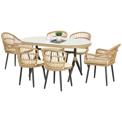 Rootz 7 Piece Rattan Dining Set - Garden Set - Outdoor Furniture - Comfort Pillows - Table 153x89x74cm - Chair 52x62x78cm